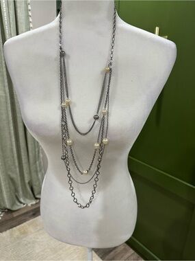 Premier Designs Gunmetal Multi-Strand Necklace with Ivory and Gray Beads